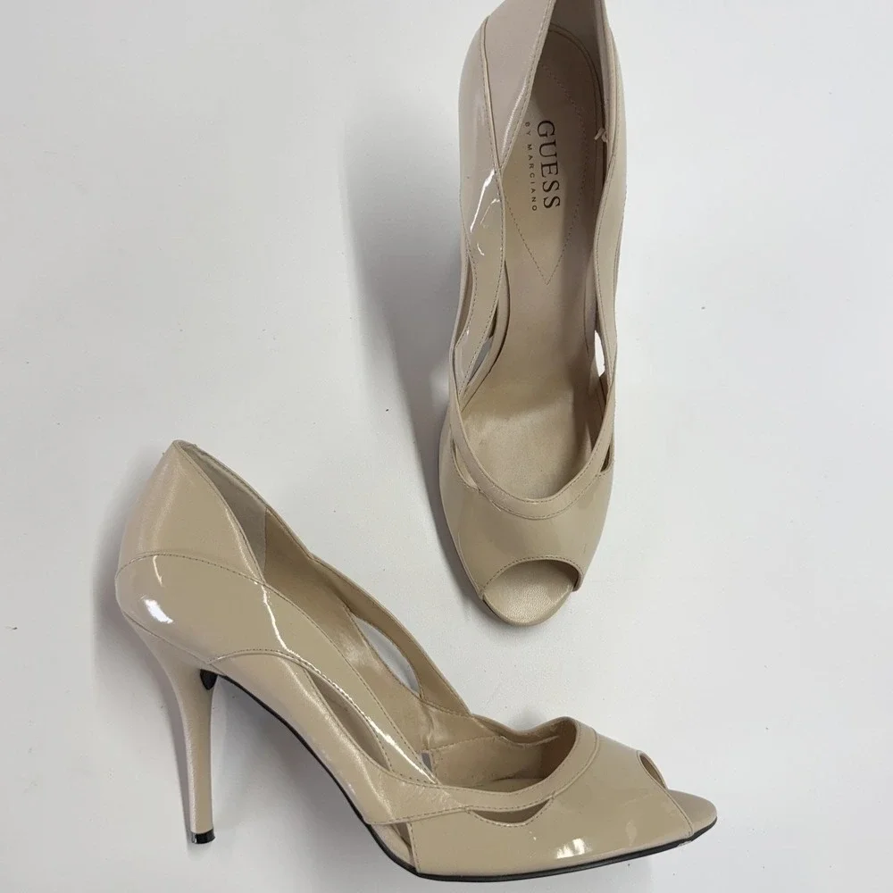Guess Heels Women 10M Beige Chambery Patent Cutout Stiletto‎ Peep Toe